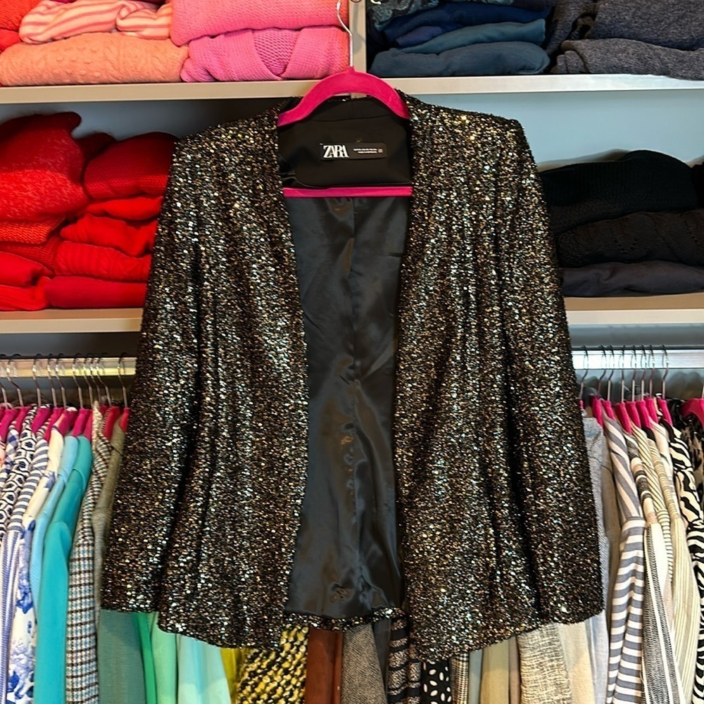 Zara gold and black sequin open front blazer size XS